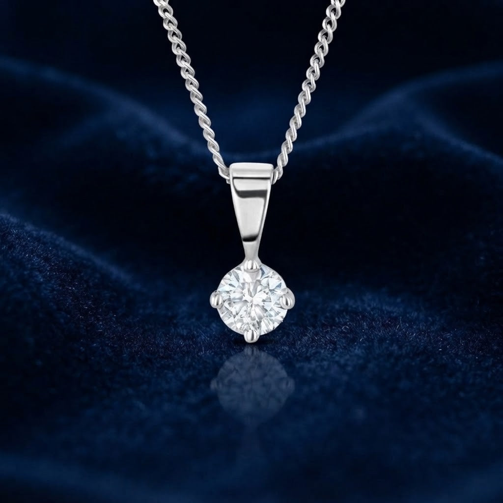 Genuine Diamond Solitaire Pendant 18ct White Gold 18" / 45cm Chain 0.35ctw