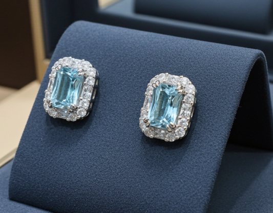 Blue Topaz Cluster Earrings Solid Sterling Silver 925 Hallmark Rhodium Finish