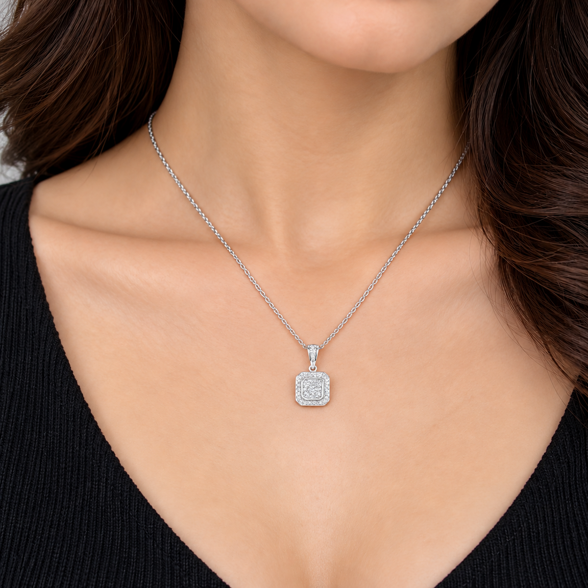 Real Diamond Square Pendant 18ct White Gold 0.50ctw Premium Diamonds 18" / 45cm