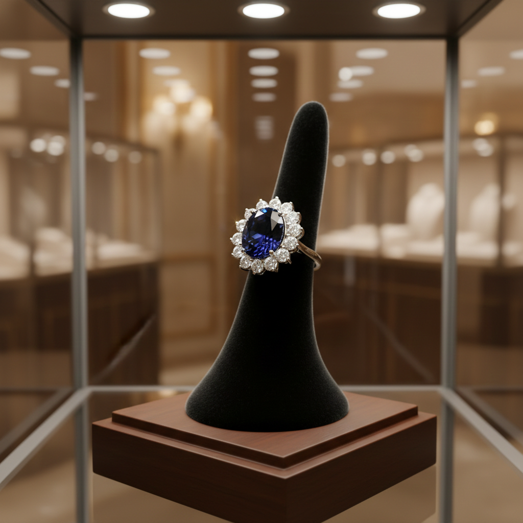 Sterling Silver Large Sapphire Ring Cluster Engagement 925 Hallmark Size K-S