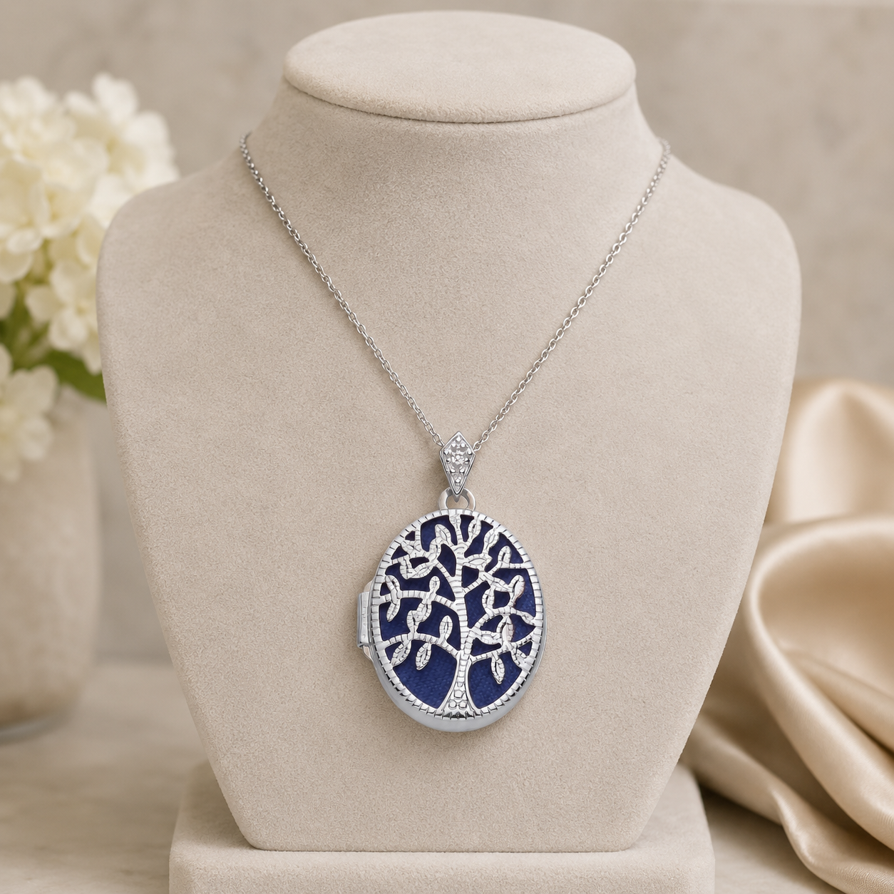 Tree of Life Locket Pendant with Natural Diamond Solid Sterling Silver 18" Chain