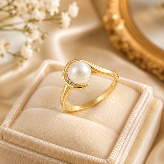 Elegant Freshwater Pearl Ring in 9ct Yellow Gold with Natural Diamond Accents
