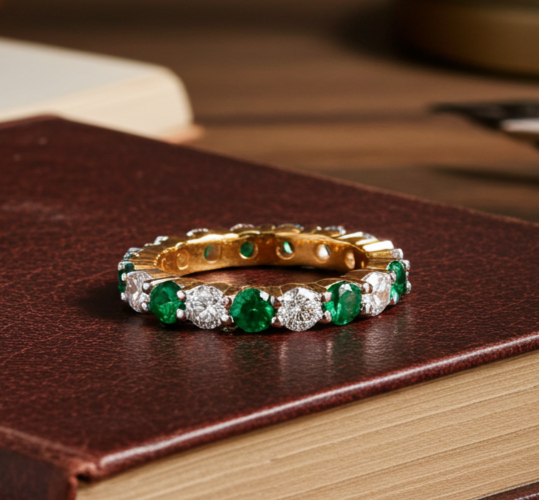 18ct Gold Emerald Full Eternity Ring on Solid Sterling Silver 925 Hallmarked