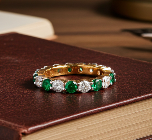 18ct Gold Emerald Full Eternity Ring on Solid Sterling Silver 925 Hallmarked