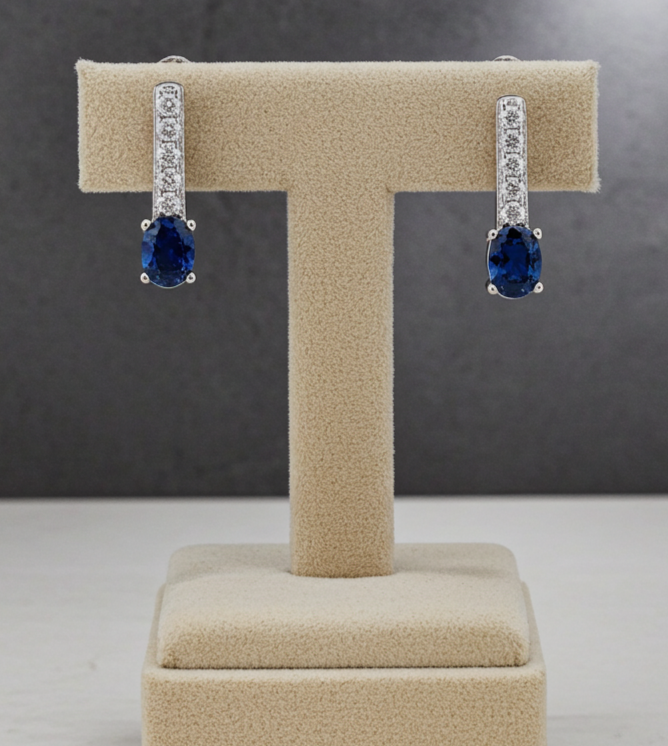 Sapphire Drop Stud Earrings Solid Sterling Silver 925 Hallmark Rhodium Finish