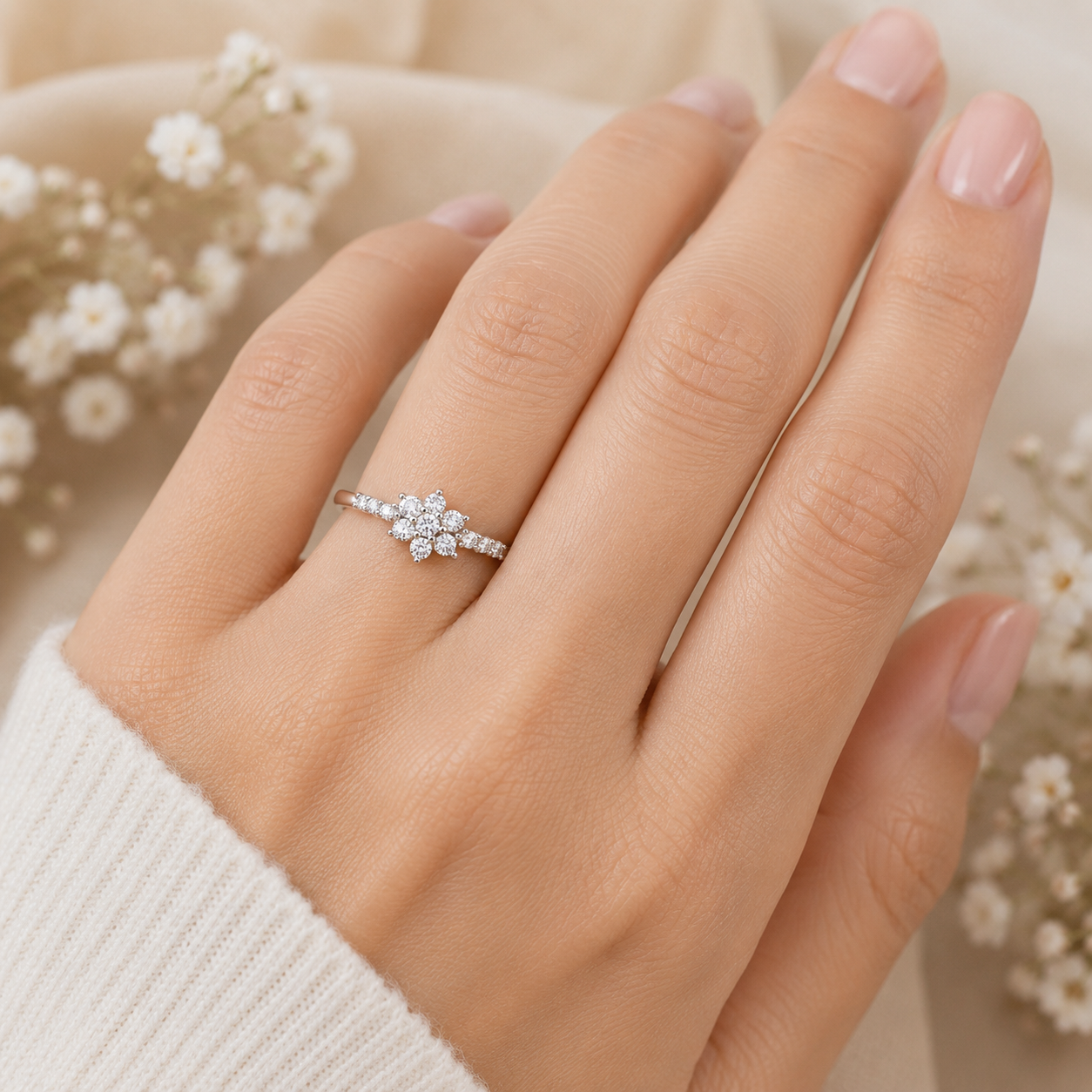 Elegant Floral Cluster Ring in Solid Sterling Silver Engagement