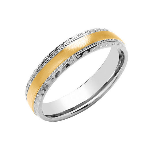 5mm D-Shape Wedding Ring Millgrain D/C Edge 9k White & Yellow Gold Made to Order