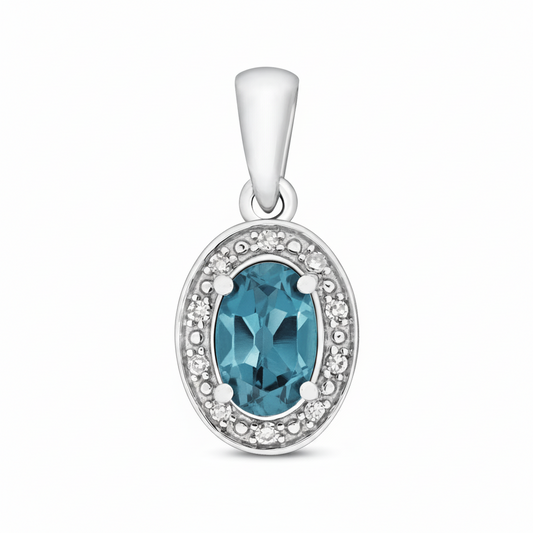 London Blue Topaz and Diamond Oval Pendant 9ct White Gold Necklace Real Stones