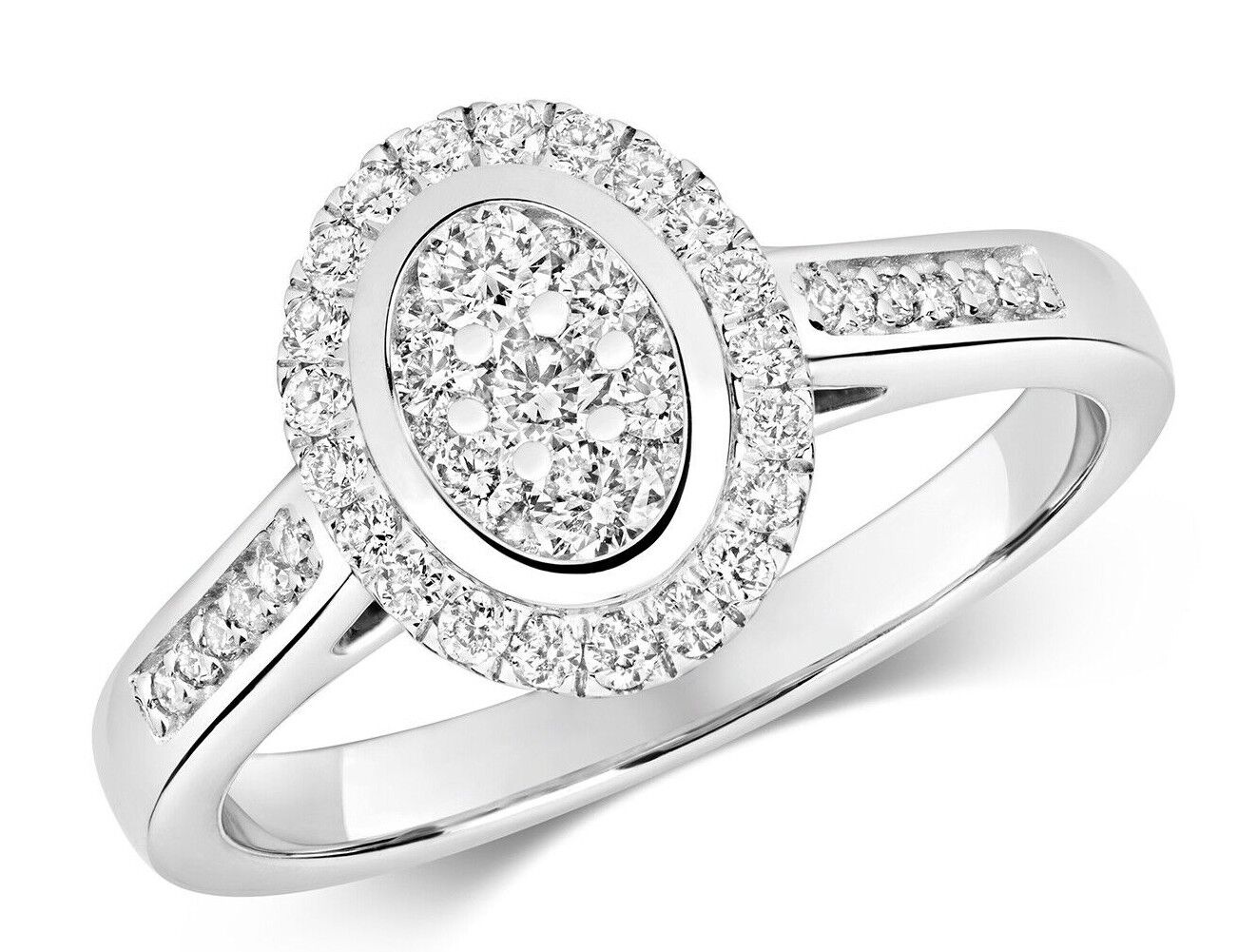Real Diamond Ring 9ct White Gold Oval Cluster Halo Engagement 0.50 Carat Weight