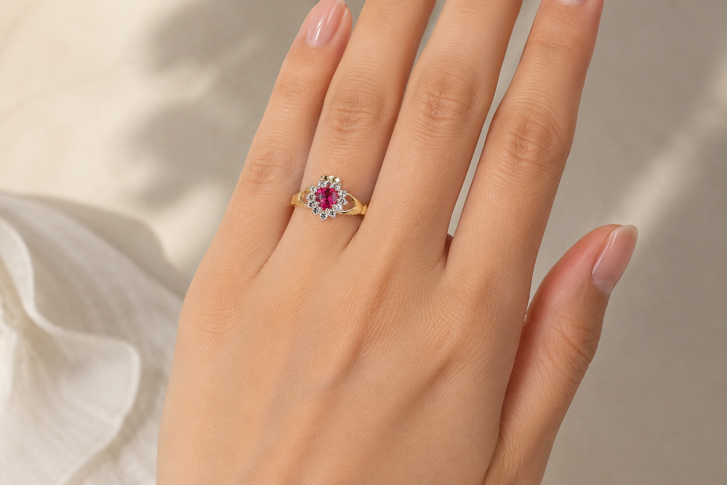 Ruby Claddagh Ring in Solid 9ct Yellow Gold Hallmarked Sizes MNOPQ