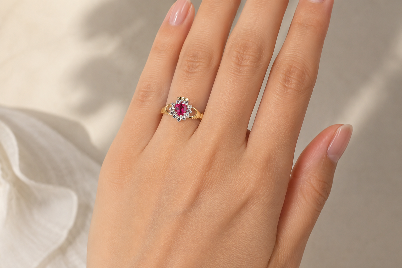 Ruby Claddagh Ring in Solid 9ct Yellow Gold Hallmarked Sizes MNOPQ