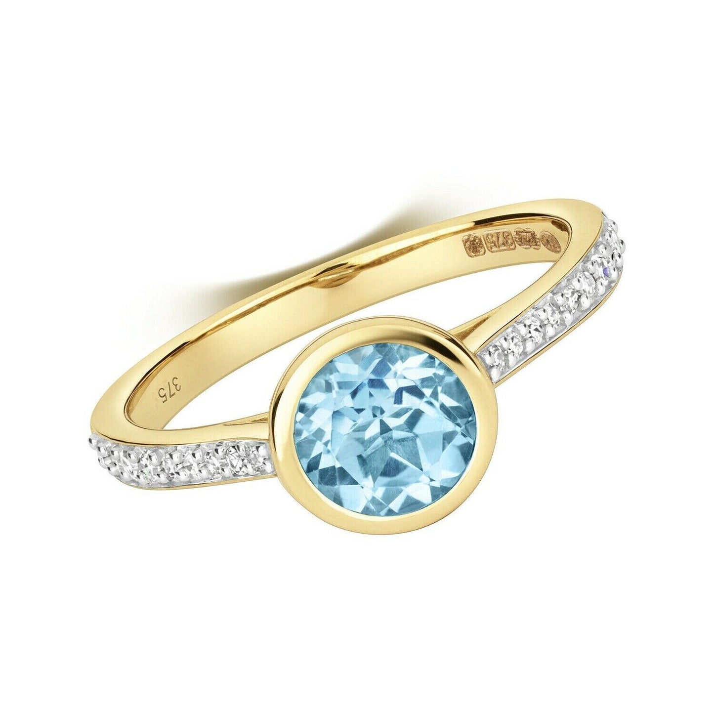 Real Swiss Blue Topaz and Diamond Ring Solid Yellow Gold Solitaire Size JKLMNOPQ