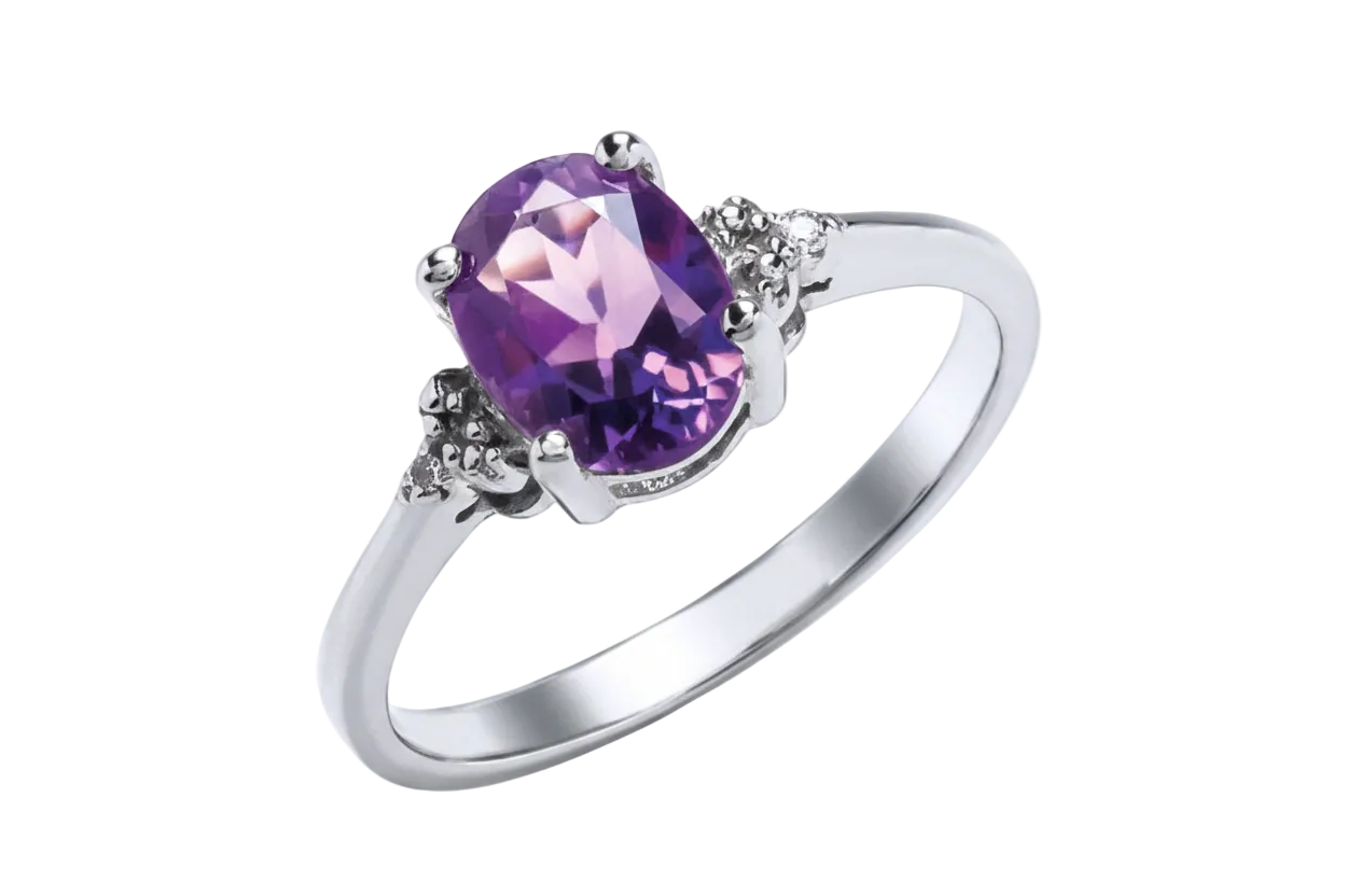 Amethyst and Diamond Ring Solid Sterling Silver Platinum Plated Solitaire