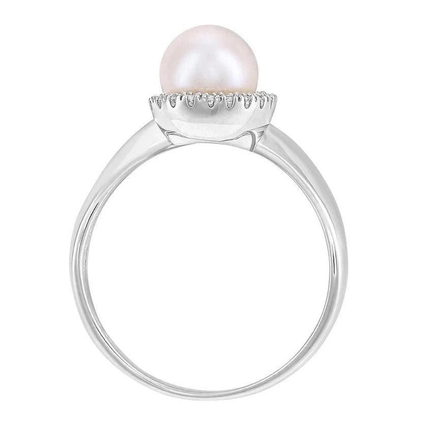 White Gold Freshwater Pearl Halo Ring with Natural Diamonds
