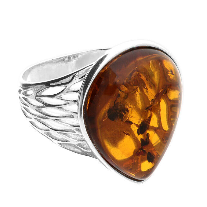 Cognac Amber Teardrop Ring Open Patterned Shoulders Solid Sterling Silver 925