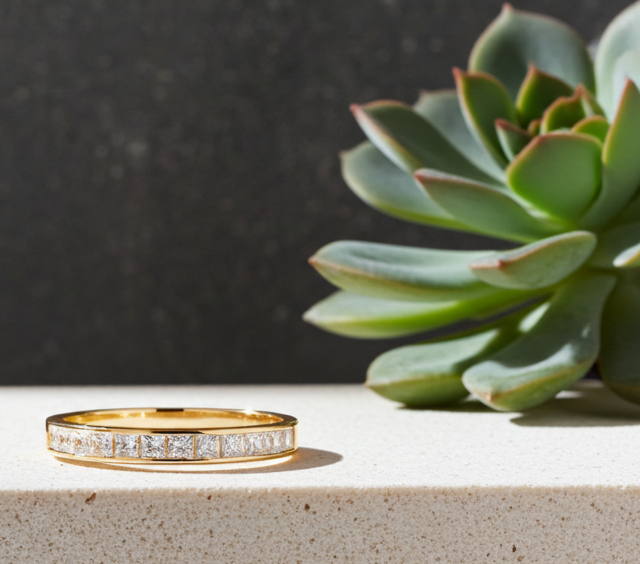 18ct Gold Princess Eternity Ring on Solid Sterling Silver 925 Hallmark