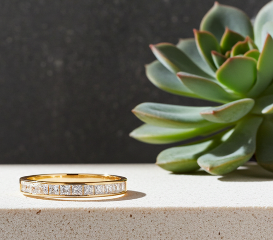 18ct Gold Princess Eternity Ring on Solid Sterling Silver 925 Hallmark