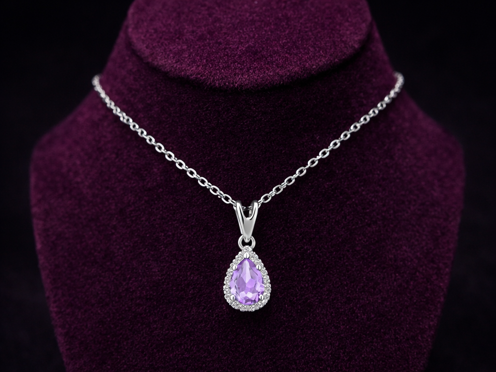 Amethyst Pear Pendant With Diamonds 9ct White Gold 18" 46cm Length Chain