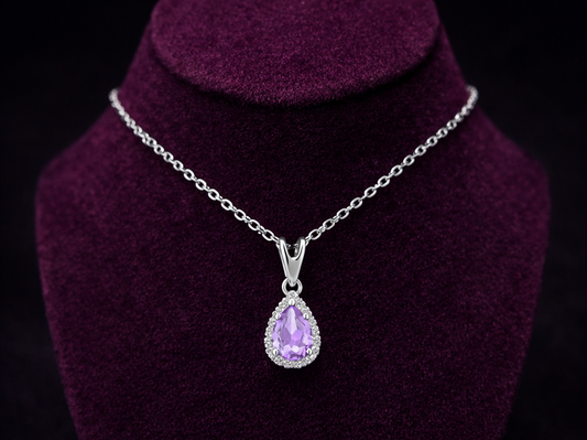 Amethyst Pear Pendant With Diamonds 9ct White Gold 18" 46cm Length Chain