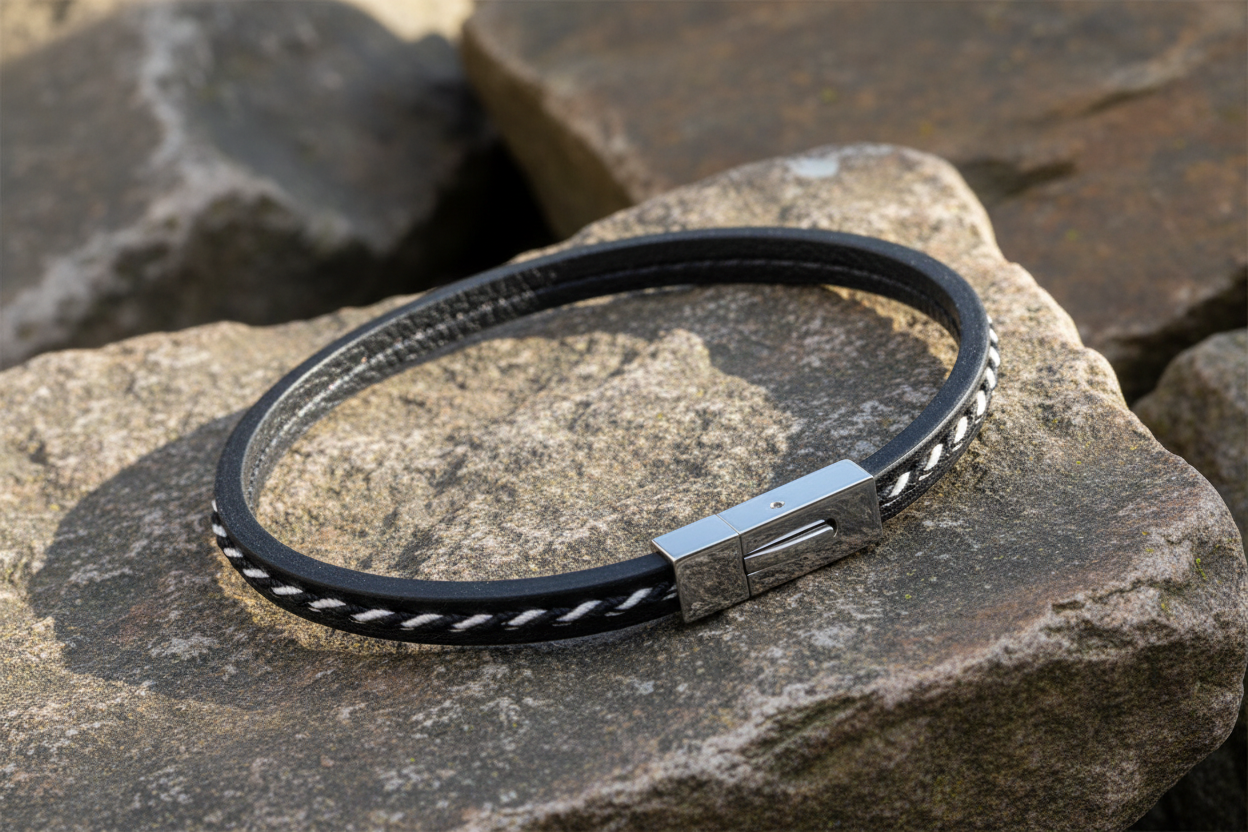 Fred Bennett Black Recycled Leather Bracelet with Cord Detail 22cm B5422