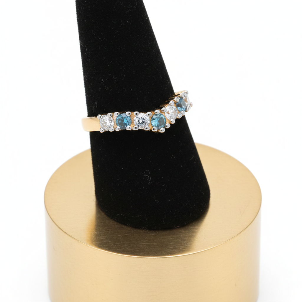 18ct Gold Aquamarine Wishbone Ring Anniversary Band on Solid Silver Size K-U