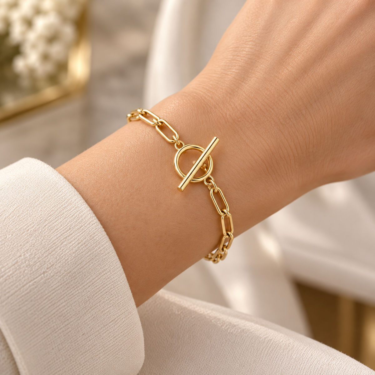 18ct Gold Paperclip Chain Toggle Clasp Bracelet on Sterling Silver 925 Hallmark