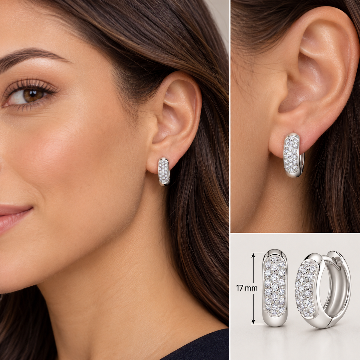 Real Diamond Pave Huggie Hoop Earrings 9ct White Gold 17mm Diameter 0.50ctw