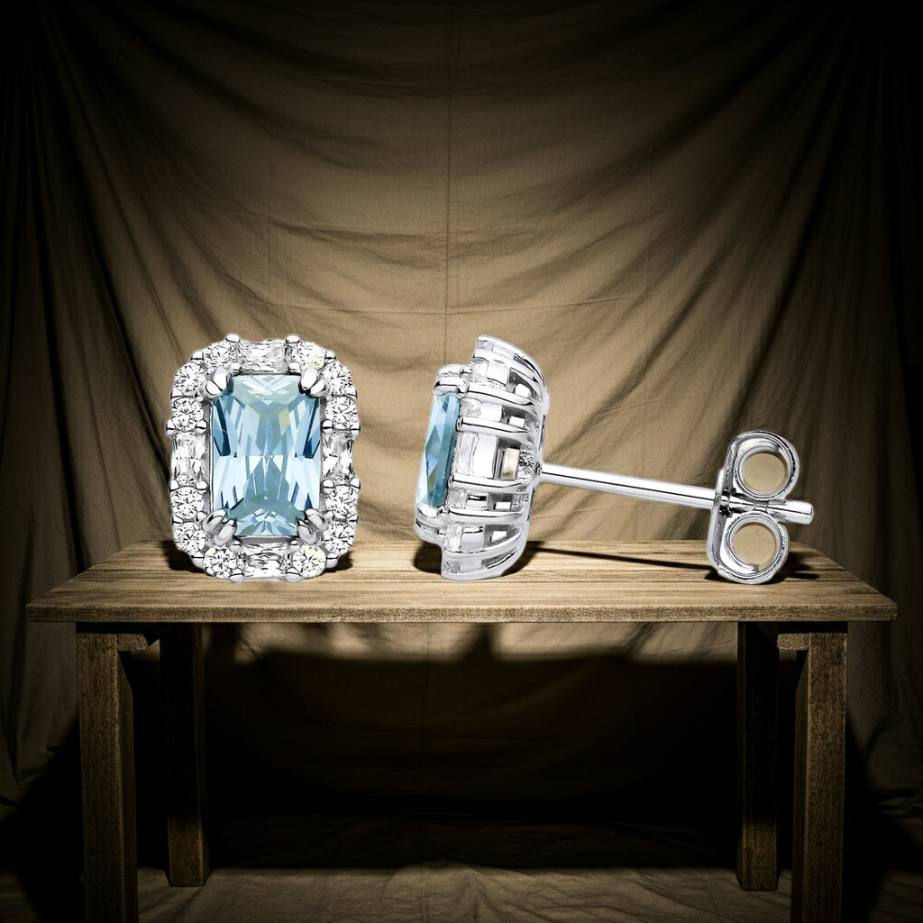 Blue Topaz Cluster Earrings Solid Sterling Silver 925 Hallmark Rhodium Finish