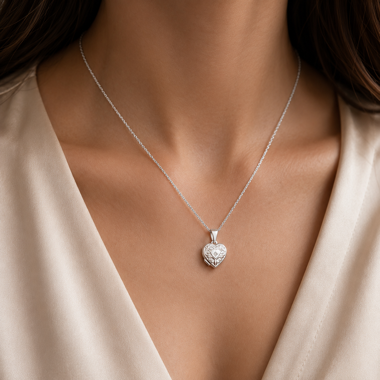 Sterling Silver Heart Locket Pendant with Natural Diamond 18" Chain 925