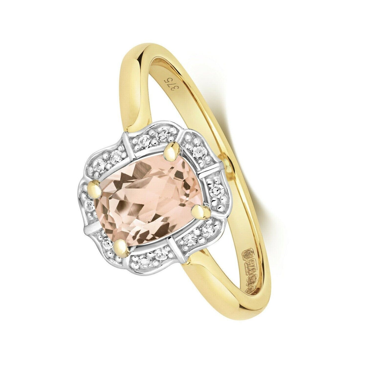 Real Morganite and Diamond Ring Solid Yellow Gold Cushion Cluster Size J - Q