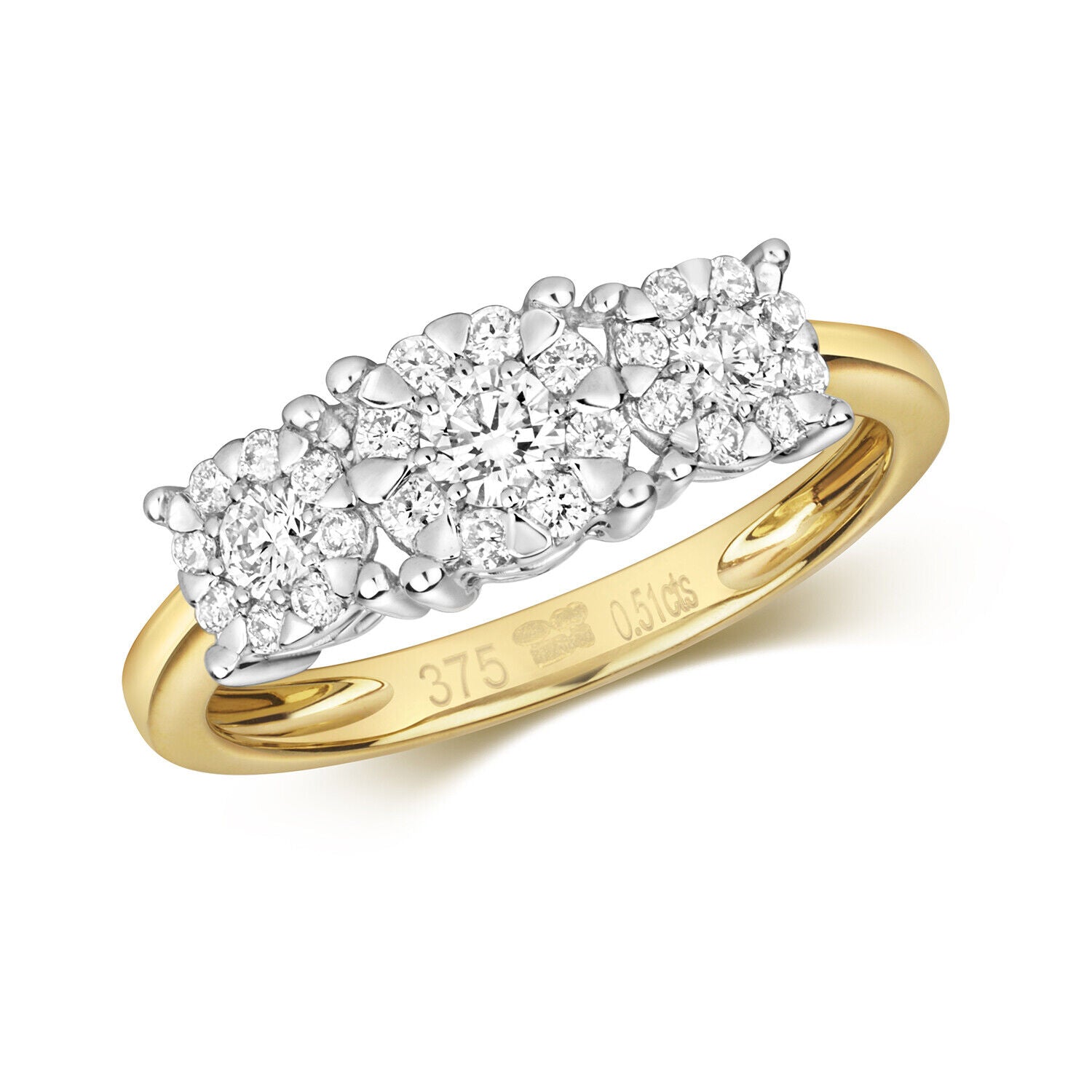 Real Diamond Three Cluster Ring 9ct Yellow Gold 0.51 carat of Diamonds