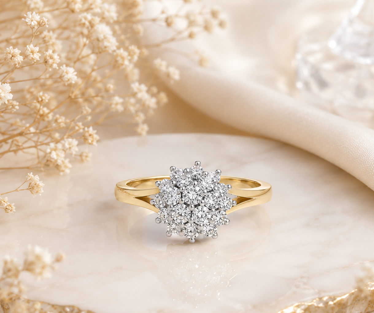Elegant Zircon Cluster Ring in 18ct Yellow Gold on Solid Sterling Silver