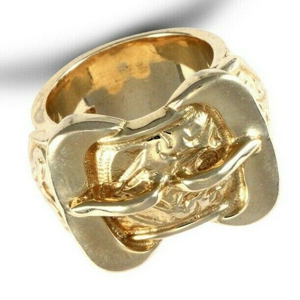 Gents Double Buckle Ring HEAVY Yellow Gold Hallmarked British Made Men's Band