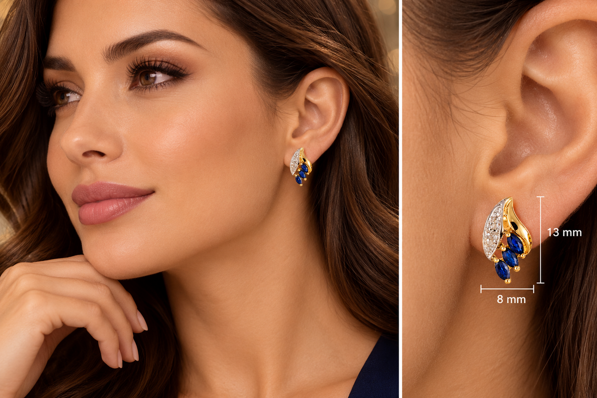 Sapphire and Diamond Earrings Yellow Gold Marquise Stud Natural Stones