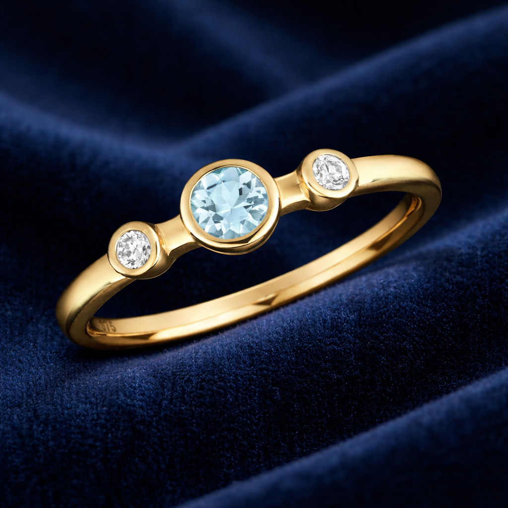 Aquamarine and Diamond Ring 9ct Yellow Gold Three Stone Trilogy Size J - Q