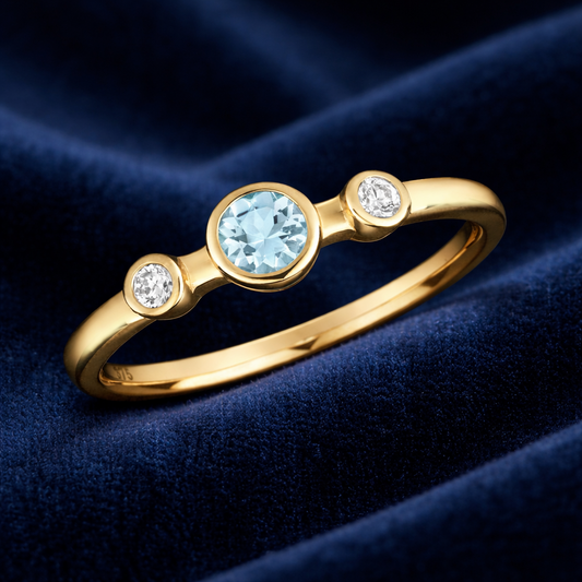 Aquamarine and Diamond Ring 9ct Yellow Gold Three Stone Trilogy Size J - Q