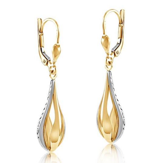 Double Open Teardrop Earrings 9ct Yellow and White Gold 40mm Drops Hallmarked
