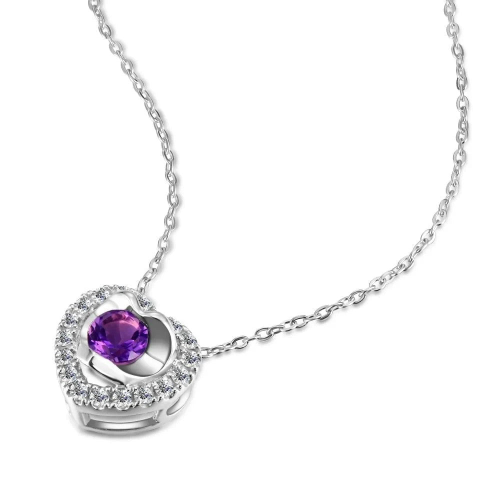 Amethyst Heart Necklace With Diamond Solid White Gold 18" 46cm Length Chain