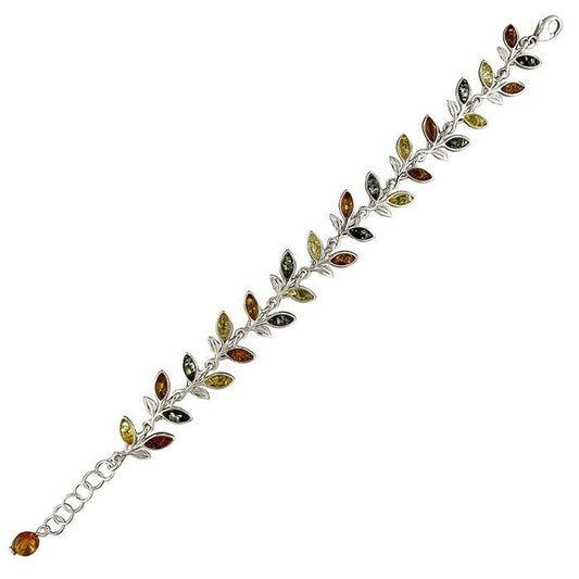 Mixed Amber Leaf Bracelet Solid Sterling Silver 925 19.5cm