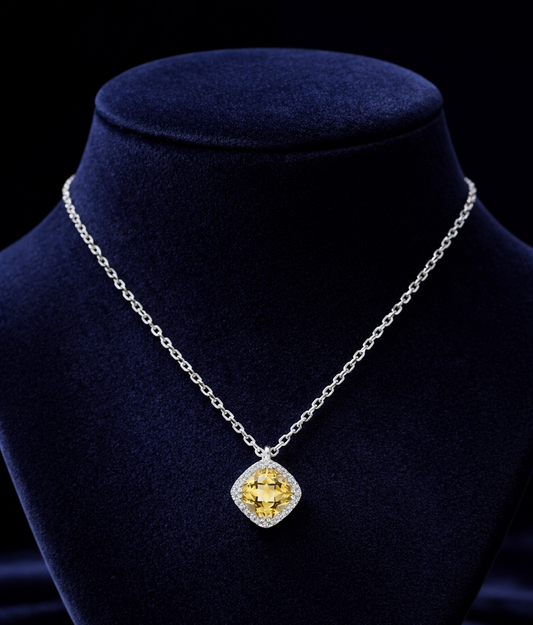 Citrine Cushion Pendant Real Diamond Halo Solid White Gold 18" 46cm Length Chain
