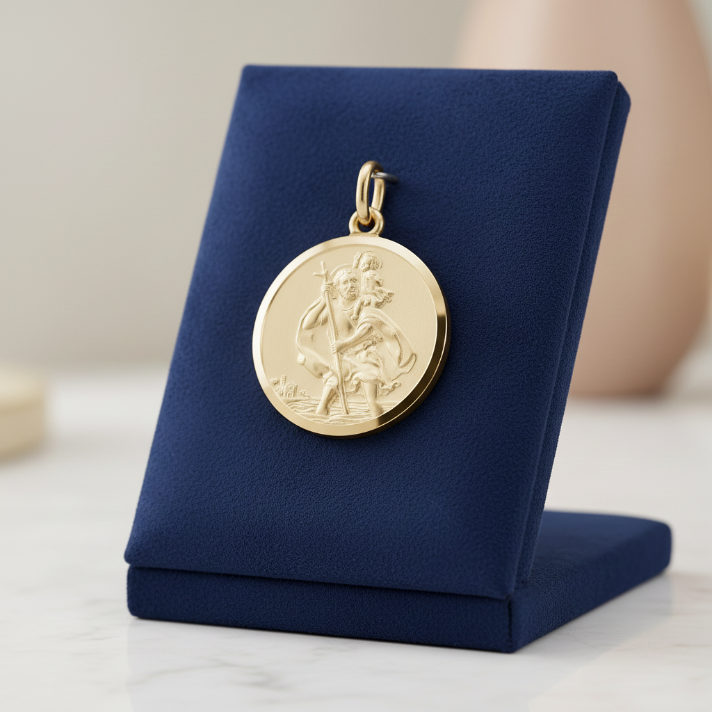 18ct Gold St Christopher Pendant on Solid Sterling Silver 925 Hallmark 28mm