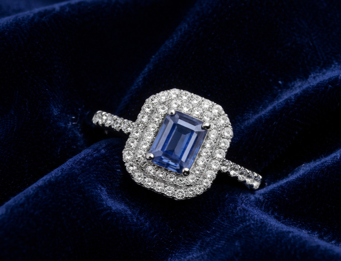 Emerald Cut Sapphire and Diamond Ring 0ct White Gold Halo Engagement Hallmarked