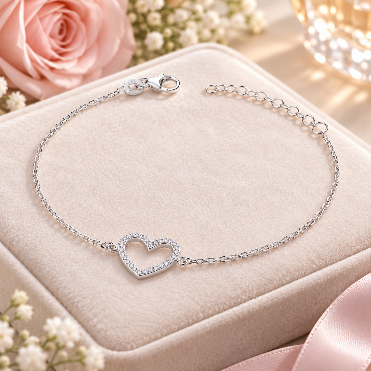 Sterling Silver  Open Heart Charm Chain Bracelet Adjustable Lobster Clasp