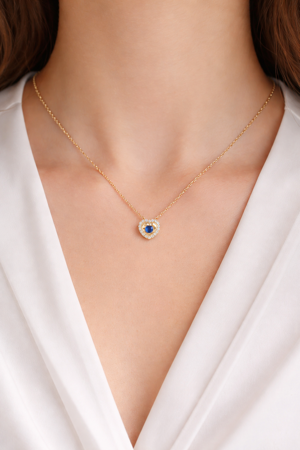 Sapphire Heart Necklace With Diamond Solid Yellow Gold 18" 46cm Length Chain