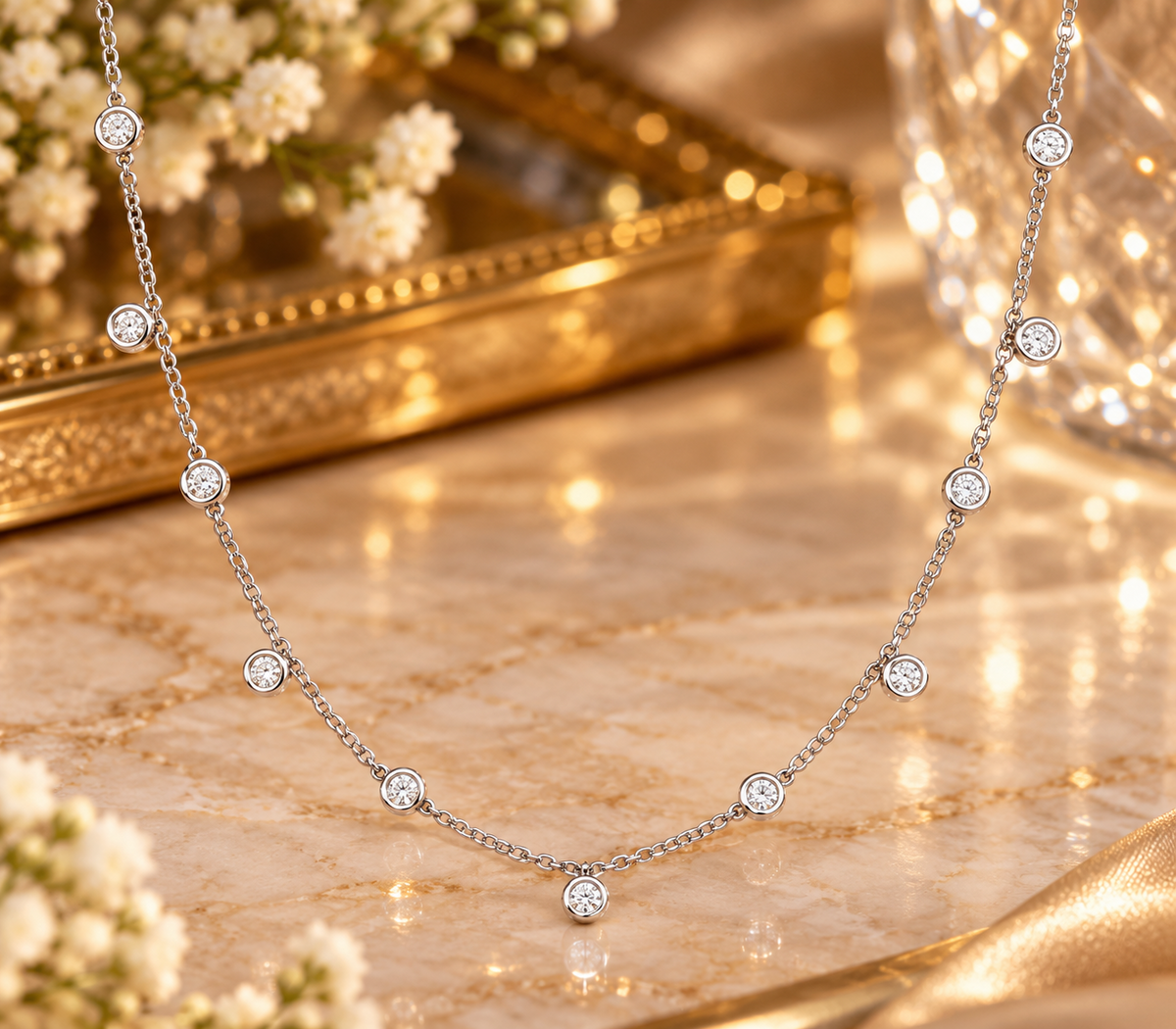 Bezel Set Diamond Station Necklace 18ct White Gold 18" / 45cm