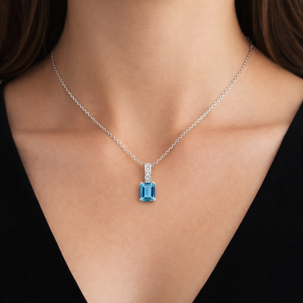 Swiss Blue Topaz Pendant With Diamonds 9ct White Gold 18" 46cm Length Chain