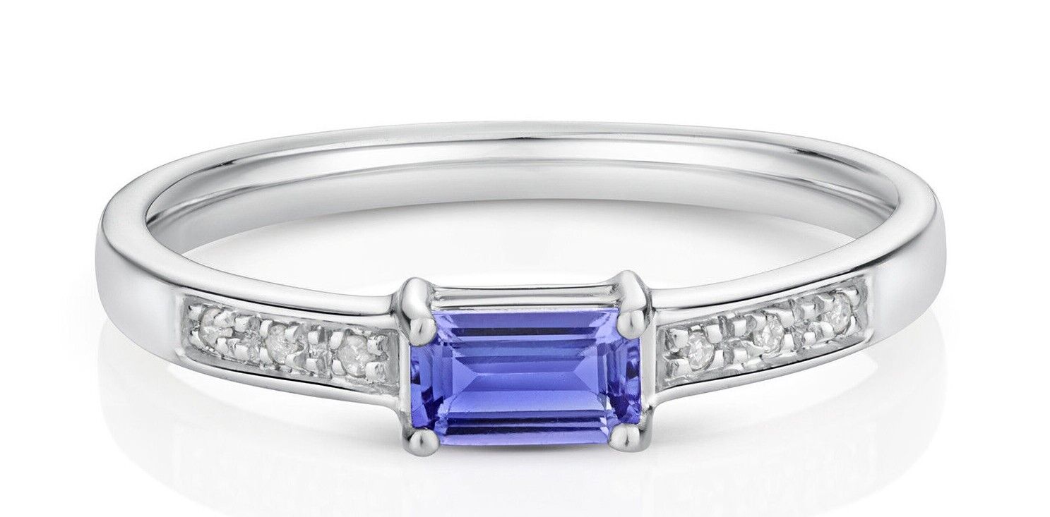 Real Tanzanite and Diamond Ring Emerald Cut Solitaire 9ct White Gold  Size J - Q