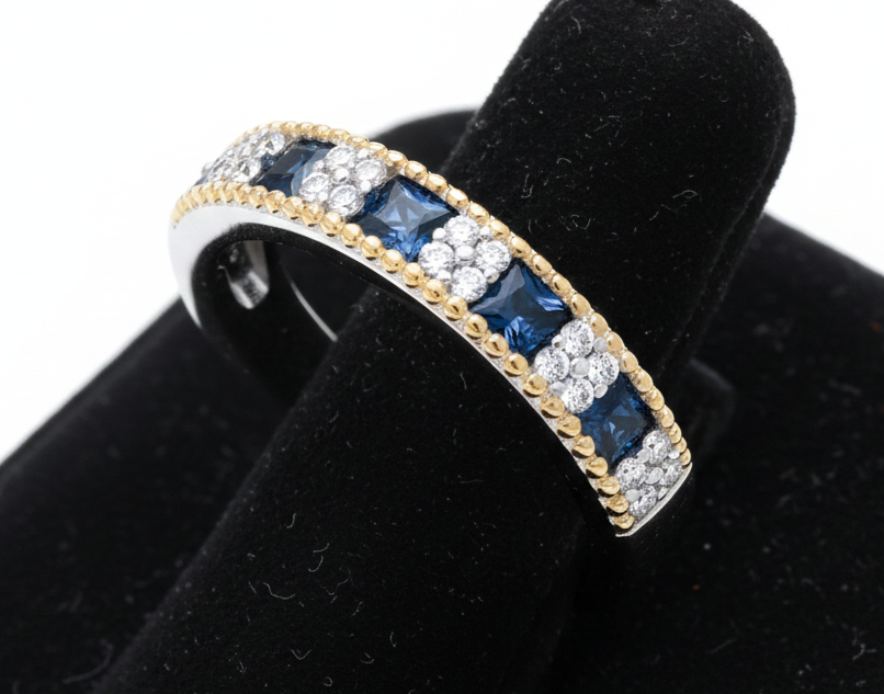 Sterling Silver Sapphire Eternity Ring  18ct Gold Detail 925 Hallmark Size K - S