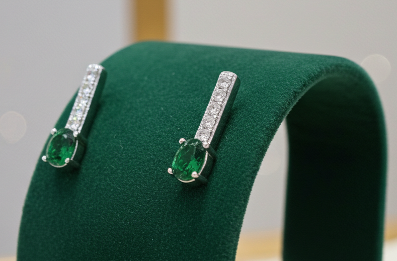 Emerald Drop Stud Earrings Solid Sterling Silver 925 Hallmark Rhodium Finish