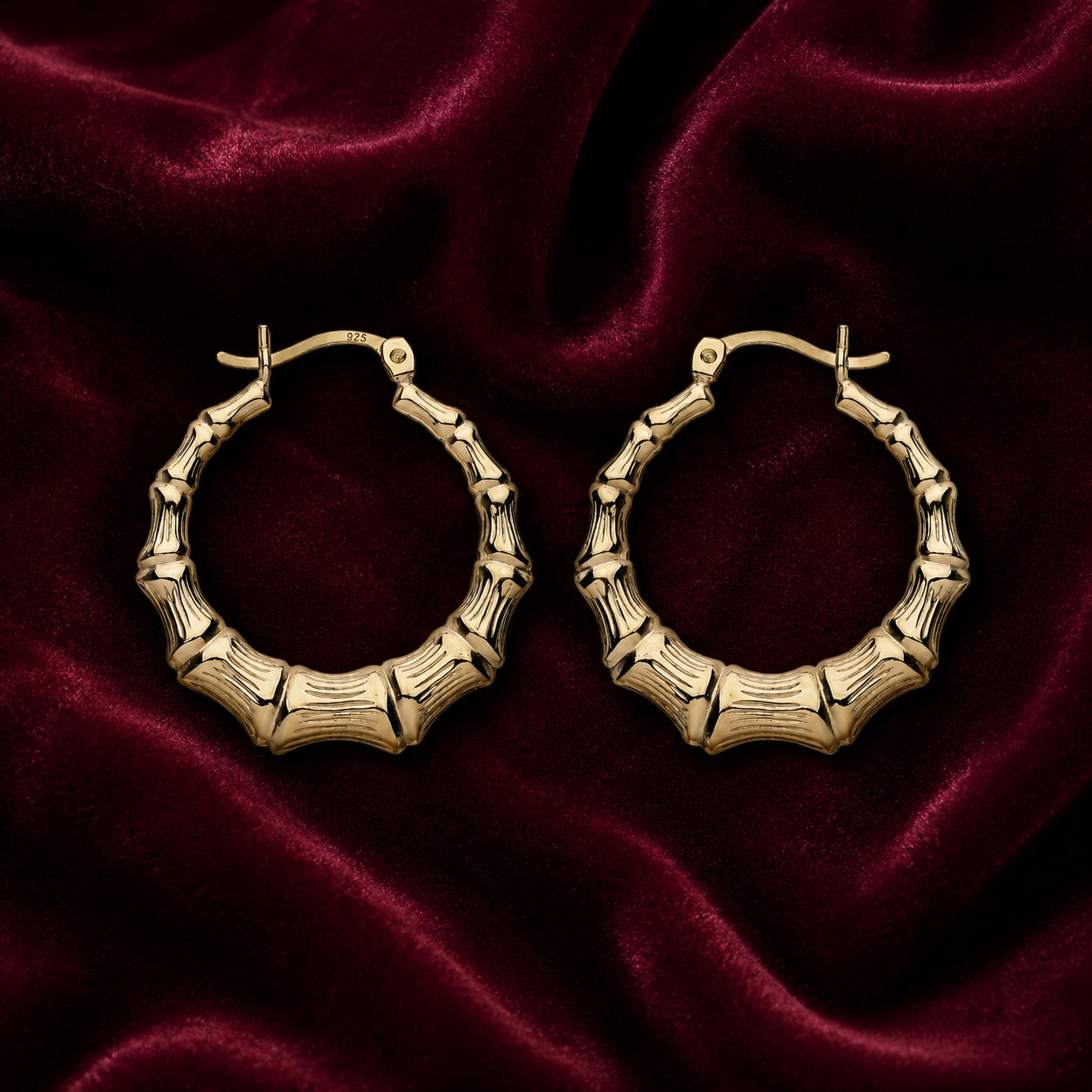 18ct Gold Bamboo Creole Hoop Earrings on Sterling Silver 925 Hallmark 27mm